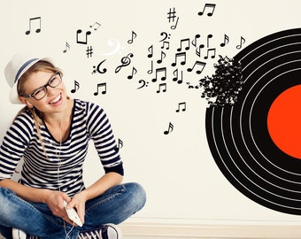 Music Studio Vinyl Wall Decal: Musical Notes, Disc Art