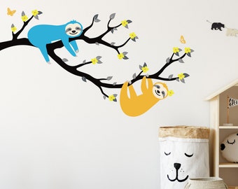 Nursery  Wall decal,Sloth  Bear vinyl decal, Branch and sloth  Name Wall Sticker, Baby nursery wall decal, kids wall sticker