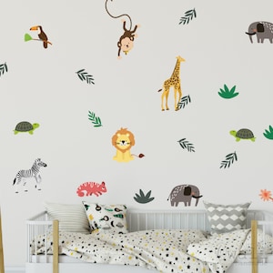 Decalque de animais de safári da floresta, decalque de padrão de animal da selva, decoração de parede de berço, decalque de parede de berçário, decoração de quarto de meninos e meninas, decoração de quarto de crianças