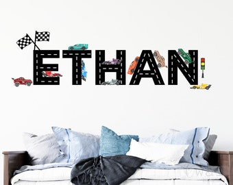 Benutzerdefinierte Racing Name Wandtattoo für Jungen-Rennwagen Thema Kinderzimmer Wanddekoration, Baby Zimmer Wand Kunst Dekor Vinyl Aufkleber, Jungen Zimmer Wanddekoration