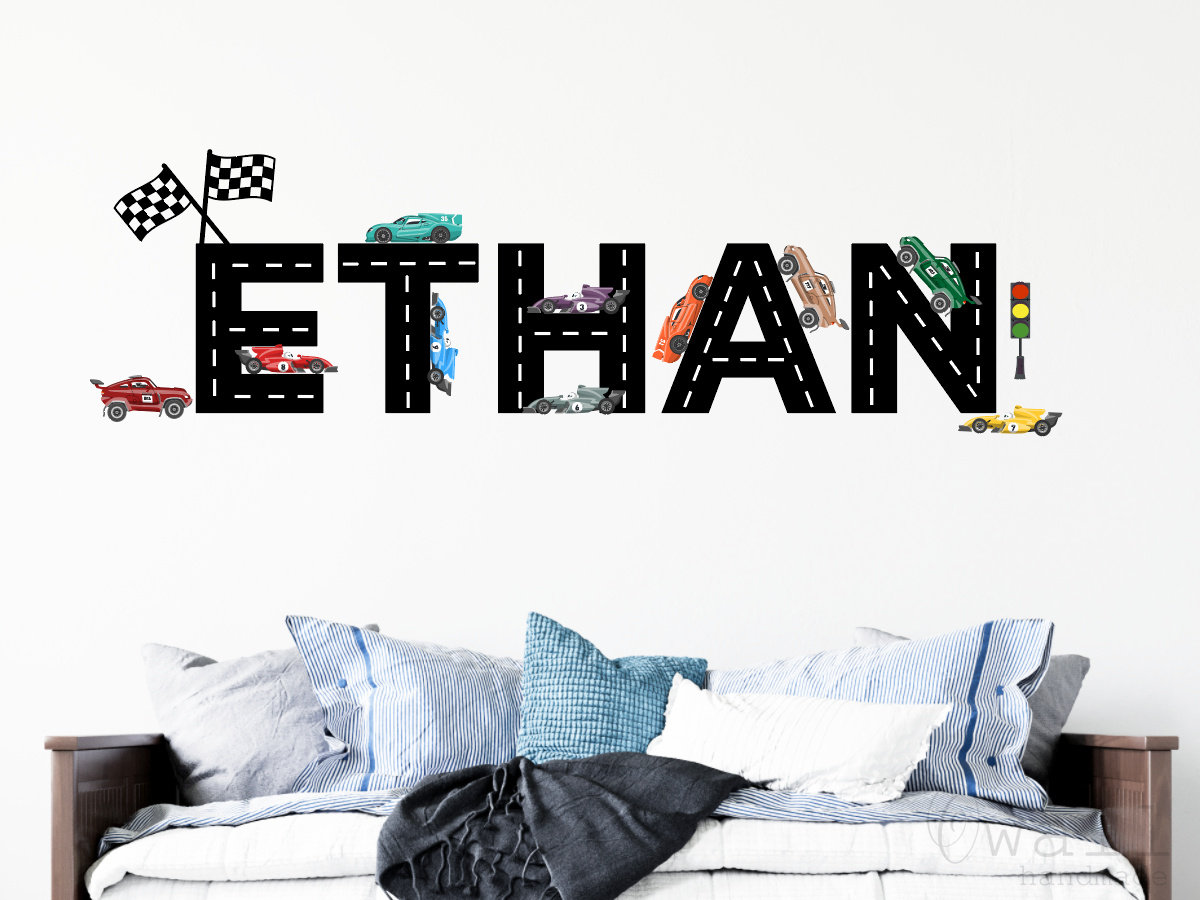 Custom Racing Name Wall Decal for Boys-Race Car Theme Nursery Wall Decor, Baby Room Wall Art Decor Vinyl Decal, Boy Room Wall Decor