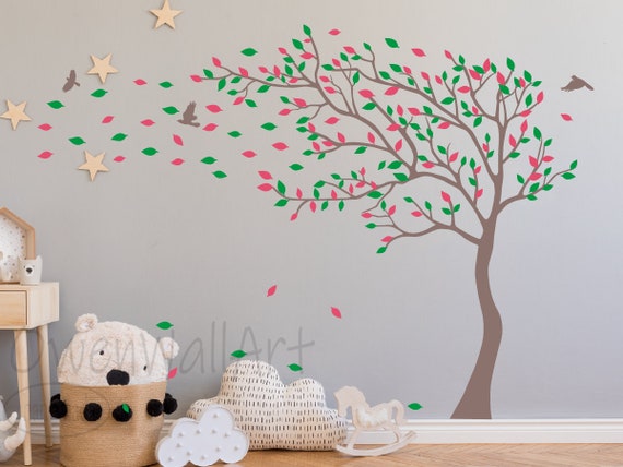 Vinyl Wall Art Decal Sticker Blowing Leaves Tree Large Etsy