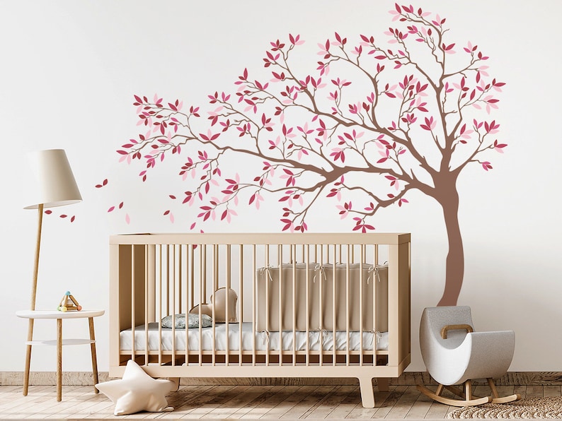 Blowing Tree Wall Decal, Cherry Blossom Tree Wall Decal, Tree Wall Art, Tree Wall Decor, Nursery Wall Vinyl Wall Decal, Kids Room Wall Decor image 1