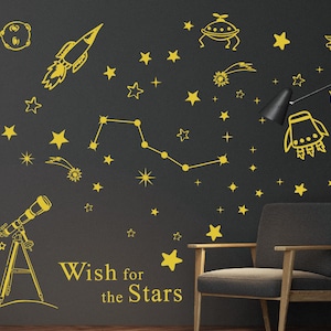 Space Rocket  With Stars Wall Art Vinyl Decal For Nursery Kids Room Wall Decor Boy&#39;s room  and Girl&#39;s room peel off Decal