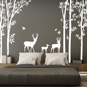 Birch Tree Decal, Birch Tree With Deers Wall Art, Nursery Birch Tree Decor,Large Wall Birch Tree Decal, Forest Tree Wall Sticker