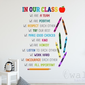 Pode incluir: Adesivo de parede para sala de aula com o texto "IN OUR CLASS" e uma ma&ccedil;&atilde; vermelha. O adesivo tamb&eacute;m inclui uma lista de valores positivos para a sala de aula, como "We are a team", "We are positive", "We respect each other" e "We are all important". Os valores s&atilde;o escritos em texto colorido e s&atilde;o acompanhados por desenhos coloridos de giz de cera.