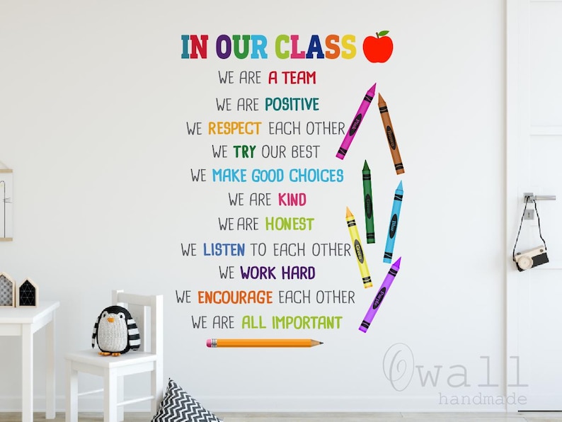 Pode incluir: Adesivo de parede para sala de aula com o texto "IN OUR CLASS" e uma ma&ccedil;&atilde; vermelha. O adesivo tamb&eacute;m inclui uma lista de valores positivos para a sala de aula, como "We are a team", "We are positive", "We respect each other" e "We are all important". Os valores s&atilde;o escritos em texto colorido e s&atilde;o acompanhados por desenhos coloridos de giz de cera.