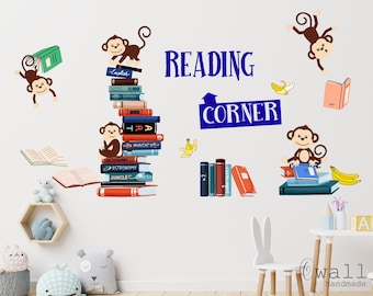 Monkeys Reading Corner Wall Decals: Kids Nursery Classroom Decor
