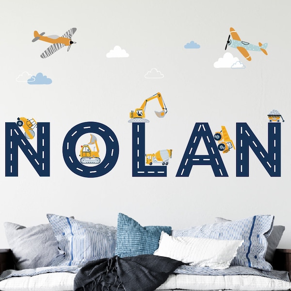 Personalized Construction Trucks & Airplane Decal: Boy's Room Wall Art