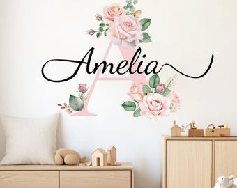 Calcomanía de pared con nombre de rosa rosa: decoración personalizada para habitación de niña