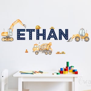 Custom Boy Name Construction Digger Trucks Decal,Excavator Decal for Boy Room Decorations,Trucks Mural Wall Decal for Children's Bedroom