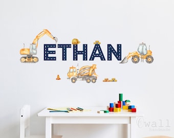 Custom Boy Name Construction Digger Trucks Decal,Excavator Decal for Boy Room Decorations,Trucks Mural Wall Decal for Children&#39;s Bedroom