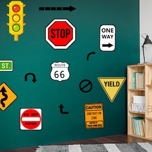 15 adesivi murali per segnaletica stradale - Decorazione murale per segnaletica stradale Segnale di stop - Senso unico, semaforo, dare la precedenza, attenzione ai lavori in corso, decorazione per la camera dei ragazzi