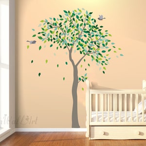 Blowing Tree Wall Decal, Tree Sticker,Tree Wall Art , Tree With Birds Wall Decor, Nursery Vinyl Wall Decal,Kids Room Wall Decor