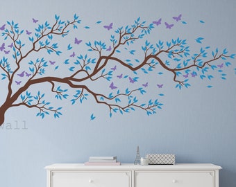 Blowing Tree Cherry Blossom Wall Decal - Large Nursery Mural, 60"H X 100"W, Customizable Colors