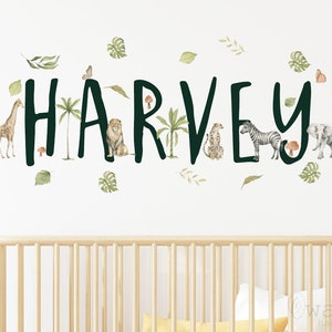 Safari Vinyl Animals Decal,Custom Name Watercolor Animal Sticker, Crib Name Wall Decor,Nursery Wall  Decal, Kids  Room Decor