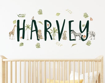 Safari Vinyl Animals Decal,Custom Name Watercolor Animal Sticker, Crib Name Wall Decor,Nursery Wall  Decal, Kids  Room Decor