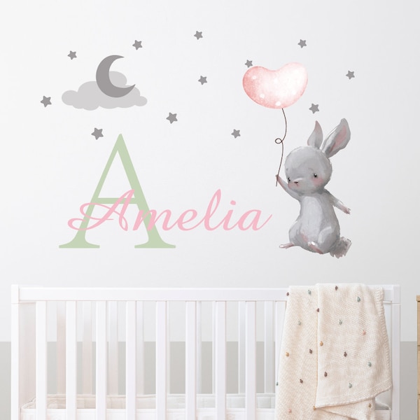 Balloon Flying Bunny Wall Decals, Custom Name Bunny Rabbit Name Stickers, Little BunnyVinyl Home Decor for Kids Nursery Bedroom Living Room