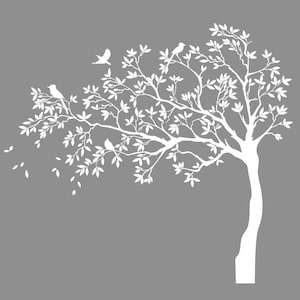 May include: A white silhouette of a tree with branches reaching out to the left, with small birds perched on the branches. The tree is set against a gray background.
