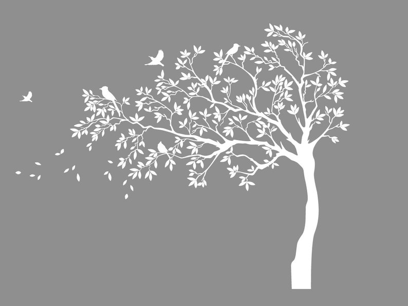 May include: A white silhouette of a tree with branches reaching out to the left, with small birds perched on the branches. The tree is set against a gray background.