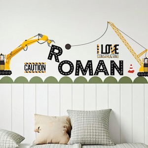 Large Personalized  Name With Construction Crane Wall Stickers, Kids Bedroom Playroom Wall Decor, Customize Name With Crane Wall Stickers