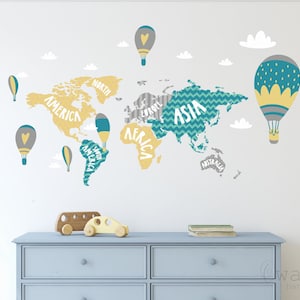 Autocollants muraux colorés carte du monde pour enfants, autocollants muraux amovibles à décoller et à coller pour enfants, chambre à coucher, salon