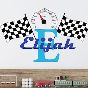 Racing Flag With Name Wall Decal for Boys-Race Car Theme Nursery Wall Decor,Baby Room Wall Art Decor Vinyl Decal