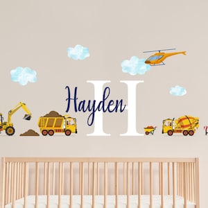 Custom Name Construction Vehicles Wall Decals: Boys Bedroom Decor