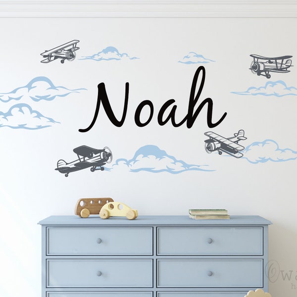 Nuages personnalisés Nom Avions Wall Decal-Personalized Airplane Wall Sticker- Boys Kids Room Decor - Nursery Wall Decals - Avions Stickers