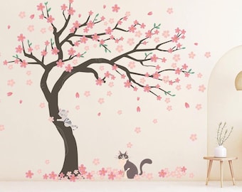 桜の木のウォールデカール：ピンクの花、猫、子供部屋の装飾