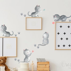 Calcomanía de gatos lindos de acuarela, calcomanía de animales, decoración de pared para cuna, calcomanía de pared para guardería, decoración de habitación infantil
