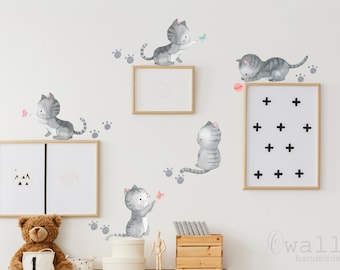 Watercolor Cute Cats Plying  Decal,Animal Cats Sticker, Crib Wall Decor,Nursery Wall  Decal, Kids  Room Decor, Kids room decor