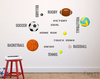 Sport Balls Wall Decals, Boys Wall Sticker, Soccer,Basketball ,Baseball Football Hockey Wall Decor,Playroom Bedroom Classroom Sticker