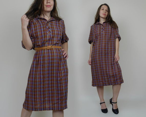 Vintage 70s Plaid Cotton Shirt Dress- size Medium