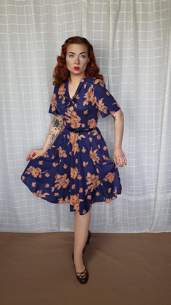 Navy and Orange 1940s style floral dress