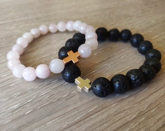 Pink and Black Long Distance Bracelets Relationships Friendships Couples His and Hers Lava Stone Rose Quartz Genuine Gemstones Faith Love