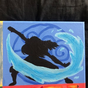 May include: A blue canvas painting with a silhouette of a person in a waterbending pose. The person is surrounded by a blue water swirl. The background is a light blue color.