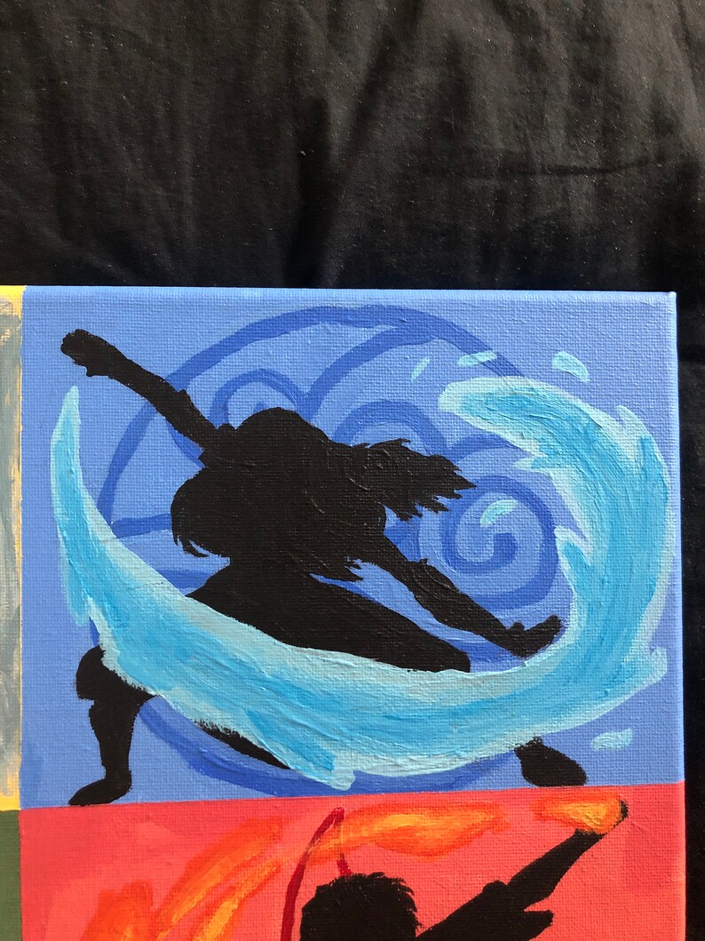 May include: A blue canvas painting with a silhouette of a person in a waterbending pose. The person is surrounded by a blue water swirl. The background is a light blue color.