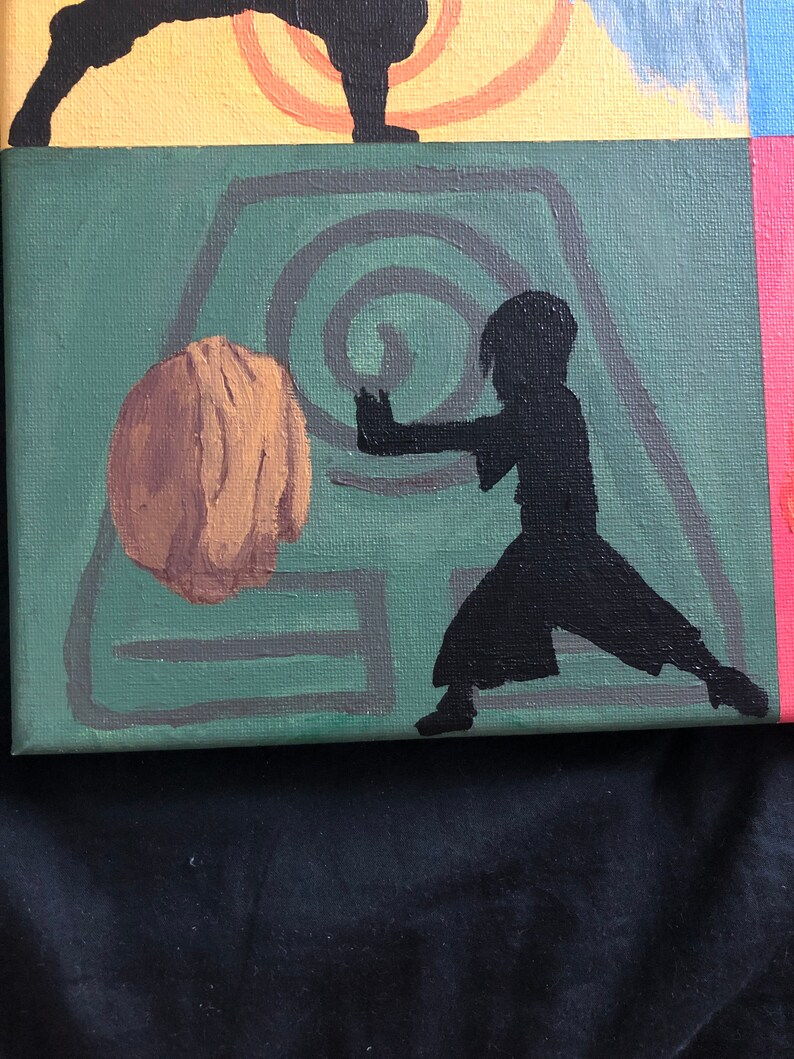 May include: A green canvas painting with a black silhouette of a person in a fighting stance. The person is standing on a symbol with a brown circle in the center. The background is a yellow, orange, and blue color.