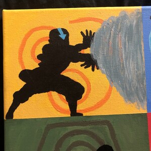 May include: A painting of Avatar Aang from the animated series Avatar: The Last Airbender. Aang is depicted in a silhouette, bending air, with a blue arrow on his forehead. The background is yellow with orange swirls, and a gray cloud.