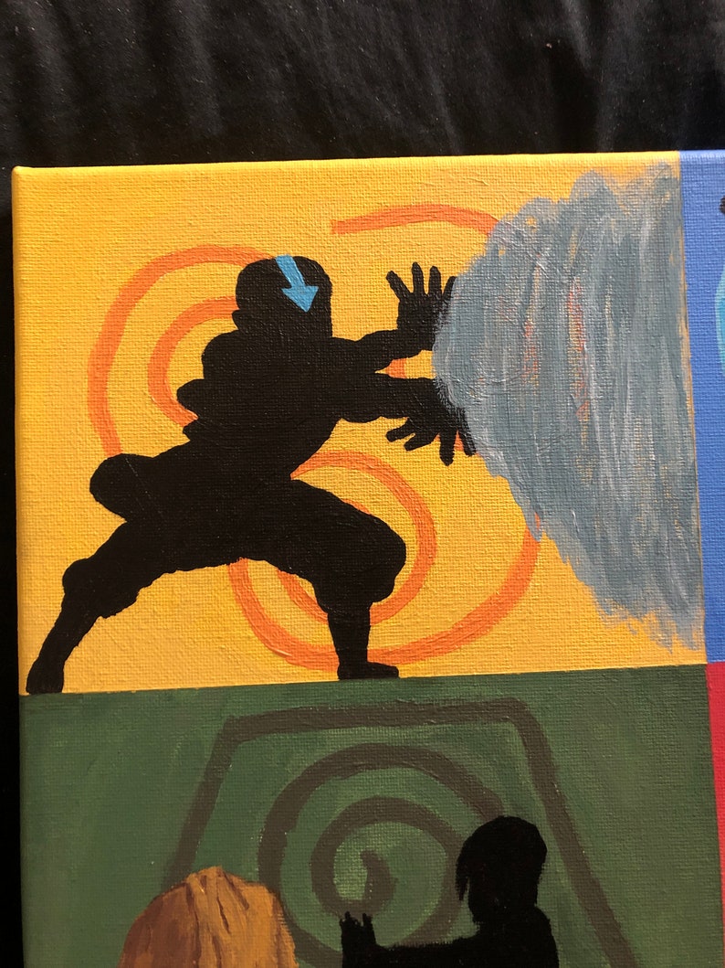 May include: A painting of Avatar Aang from the animated series Avatar: The Last Airbender. Aang is depicted in a silhouette, bending air, with a blue arrow on his forehead. The background is yellow with orange swirls, and a gray cloud.