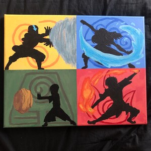 May include: A painting depicting the four elements of Avatar: The Last Airbender. The top left quadrant is yellow with a silhouette of a person bending air, the top right quadrant is blue with a silhouette of a person bending water, the bottom left quadrant is green with a silhouette of a person bending earth, and the bottom right quadrant is red with a silhouette of a person bending fire.