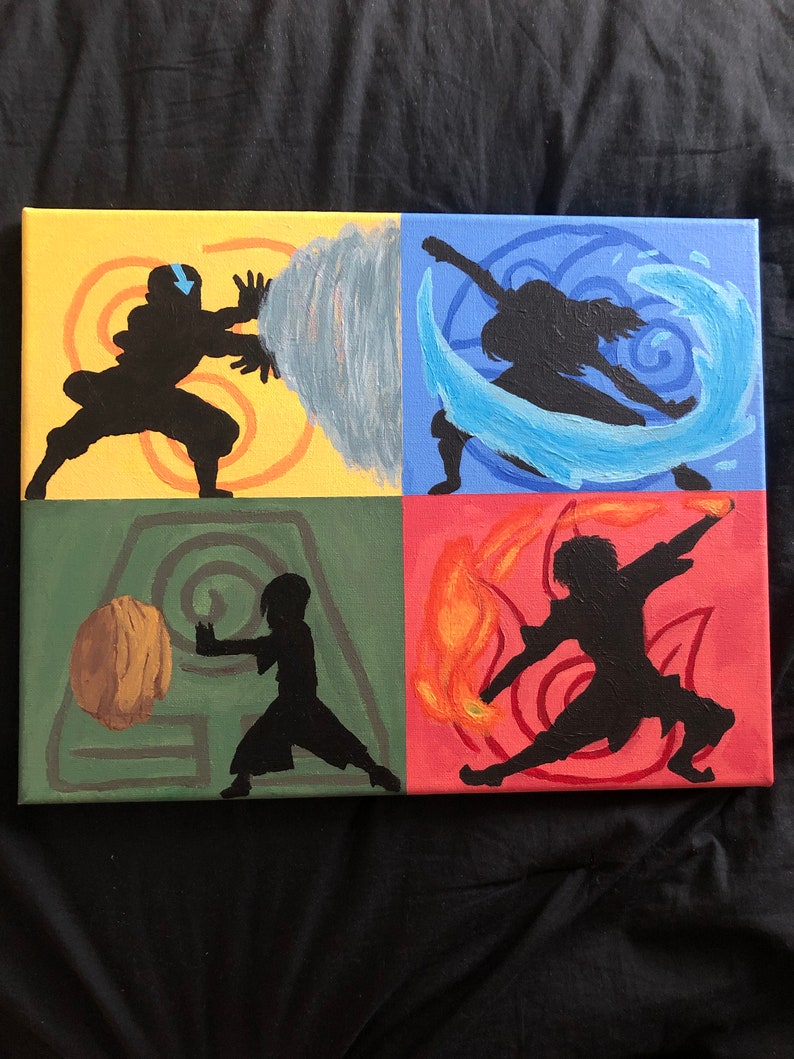 May include: A painting depicting the four elements of Avatar: The Last Airbender. The top left quadrant is yellow with a silhouette of a person bending air, the top right quadrant is blue with a silhouette of a person bending water, the bottom left quadrant is green with a silhouette of a person bending earth, and the bottom right quadrant is red with a silhouette of a person bending fire.