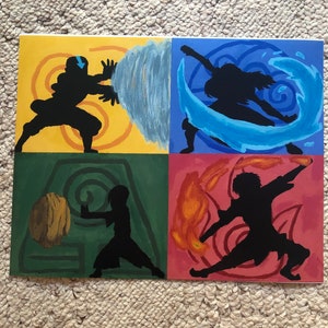 May include: A painting of the four elements from Avatar: The Last Airbender. The elements are air, water, earth, and fire. Each element is represented by a silhouette of a person in a fighting pose, with the element swirling around them. The background is a solid color that corresponds to the element.