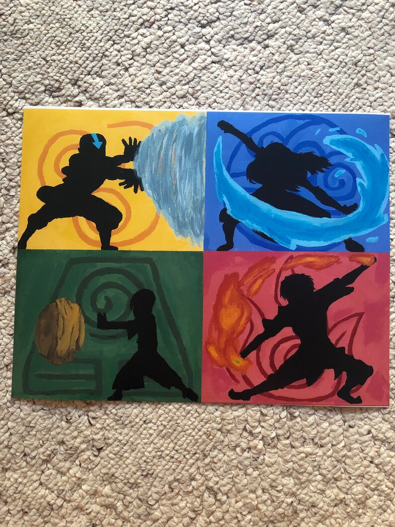 May include: A painting of the four elements from Avatar: The Last Airbender. The elements are air, water, earth, and fire. Each element is represented by a silhouette of a person in a fighting pose, with the element swirling around them. The background is a solid color that corresponds to the element.