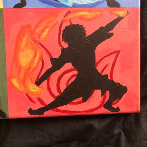 May include: A painting of a silhouette of a person in a red and orange flame, with a red spiral behind them.