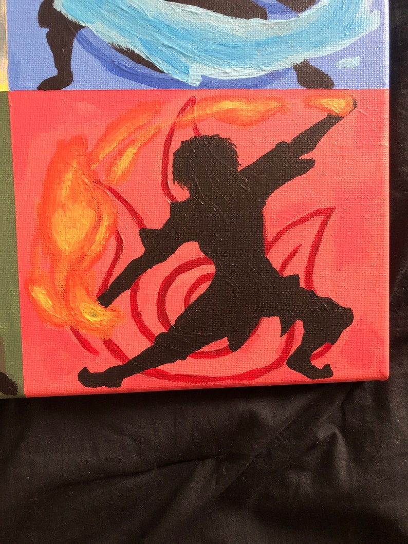 May include: A painting of a silhouette of a person in a red and orange flame, with a red spiral behind them.