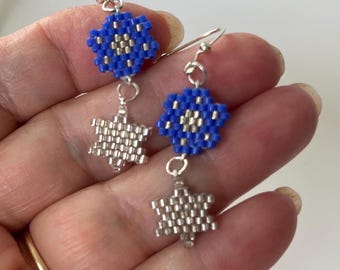 Orecchini a forma di stella di David con perline fatte a mano: fiore blu, argento sterling