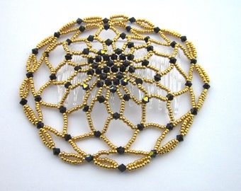 Striking gold ladies' kippah, black Swarovski crystals and gold-tone glass beads, original design, elegant, glittering women's kippah