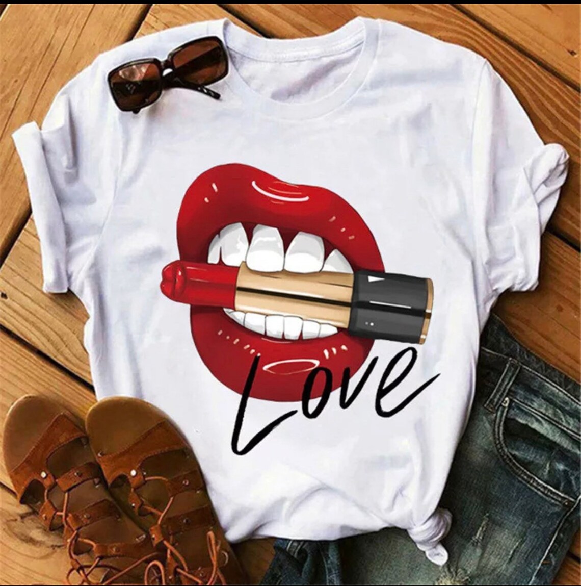 red lip print shirt